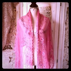 LACE SEQUIN AND FRINGE PASHIMA PINK STUNNING 72x23